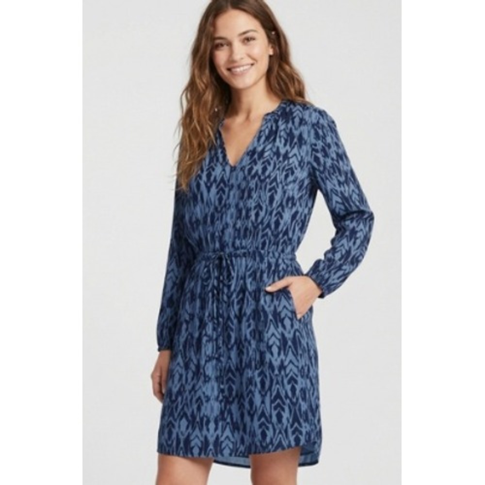 Gap Blue Ikat Print V-Neck Long Sleeve Mini Dress Small Boho Summer Beach